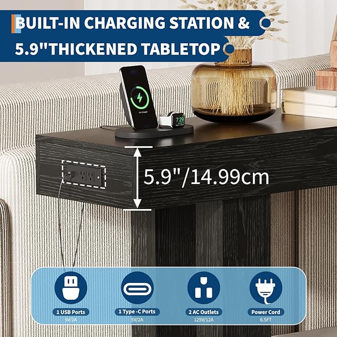 IDEALHOUSE 63" Entryway Table, Wood Console Table with Charging Station, Extra Long Sofa Table, Narrow Hallway Foyer Table for Entryway, Hallway, Living Room, Black