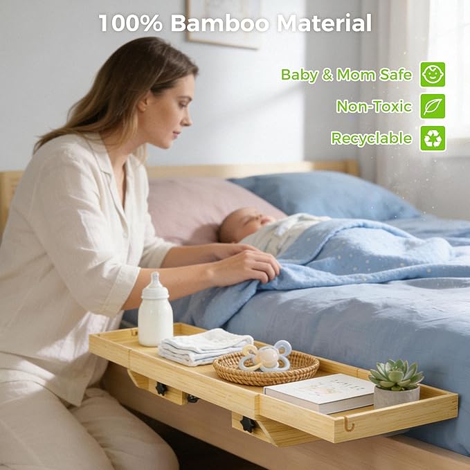 MinBoo Expandable Nightstand Shelf Bamboo College Caddy for Top Bunk Clip Bedside Shelf Floating Bed Side Table Tray Storage Dorm Room Decor College