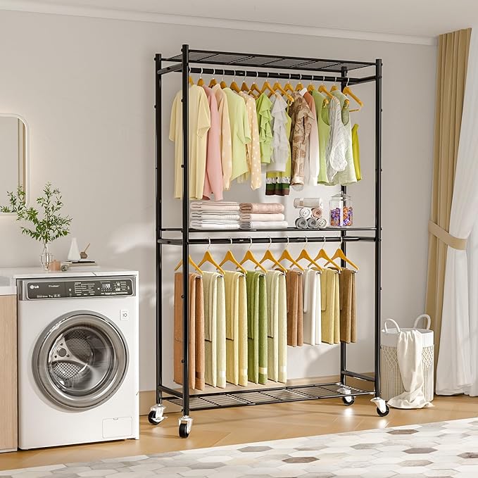 Neatrays Rolling Clothes Rack for Hanging Clothes, 47.2"x 11.8"x 79" Large Capacity Garment Rack with Double Rods & 3 Wire Shelves, Portable Closet with Wheels for Bedroom, Laundry, Balcony (Black)