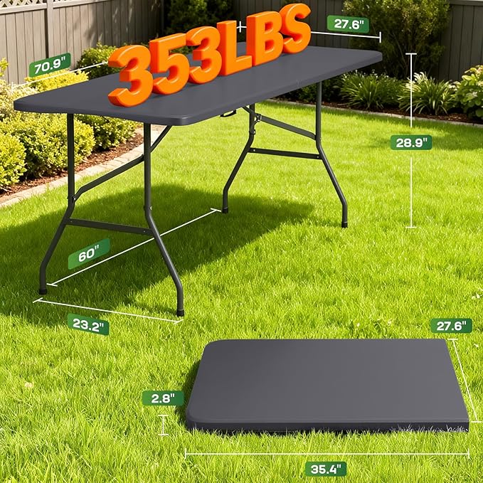 FDW 6 FT Folding Table, Portable Plastic Table with Carrying Handle Perfect for Indoor, Outdoor, Party, Dining, Wedding, Events, Camping, Grey