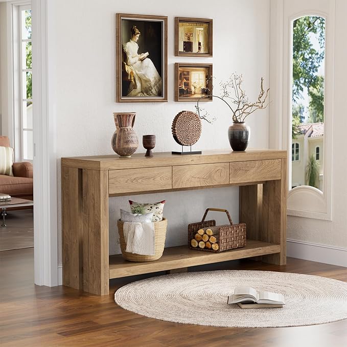 PAKASEPT 63'' Wood Console Table with Drawers, Farmhouse Entryway Table with Open Storage Shelf,Couch Table Behind,Long Foyer Tables for entryway, Sofa for Living Room Hallway,Natural