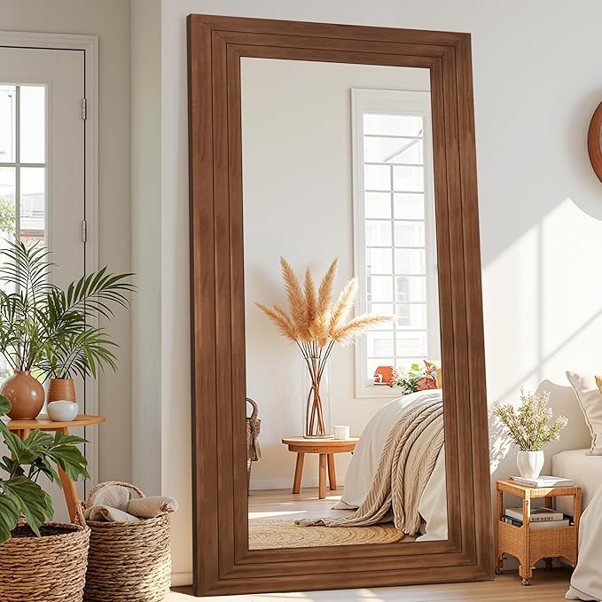 Antok Full Length Mirror with Solid Wood Frame, 76"×34" Wall Mounted Oversized Floor Mirror with Stand, Leaning Standing Hanging for Bedroom Living Room Entryway, Brown, Rect Style