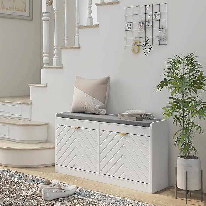 HOMCOM Shoe Bench, Entryway Bench with 2 Flip Drawers, Seating Cushion, and 2 Vents for 8 Pairs of Shoes for Hallway, White