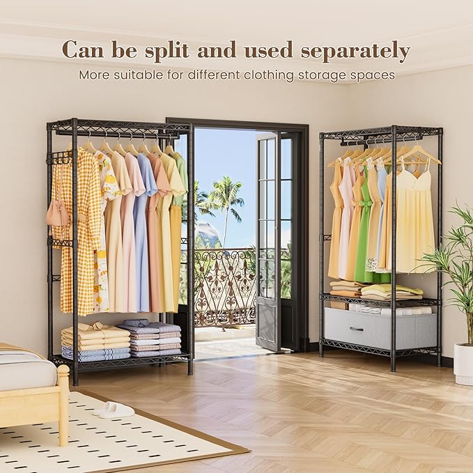 Golpart Coat Rack Clothes Wardrobe：Closet Organizer and Storage Clothing Garment Rack with Shelves Heavy Duty for Hanging Clothes Portable Adjustable Black 15.8" DX(70-88)" WX76.5 H