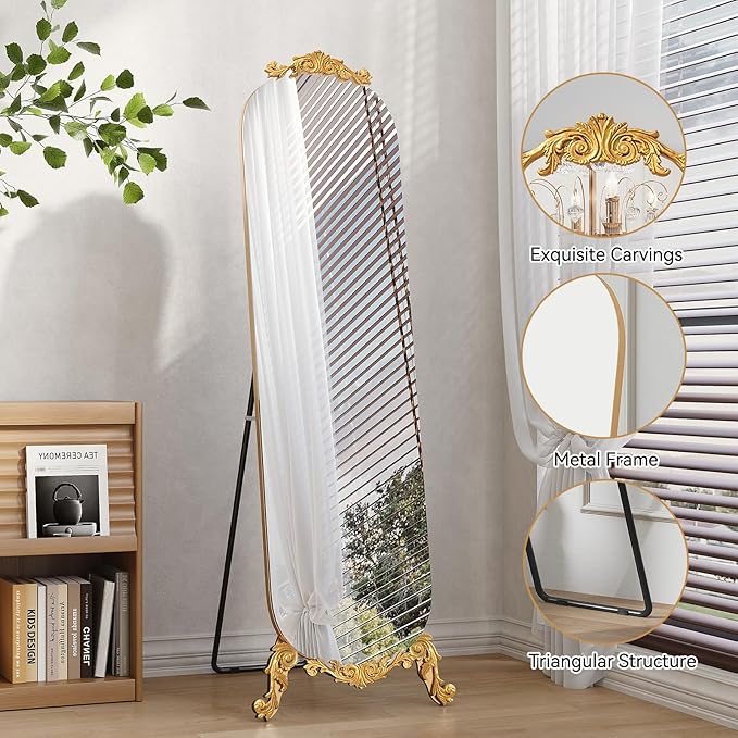 Arched Full Length Mirror, 63"X20" Vintage Floor Mirror, Baroque Full Body Mirrors with Art Carved, Free Standing Leaning or Wall-Mounted Mirrors for Bedroom, Living Room, Entryway,Gold