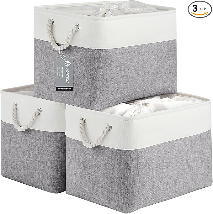 Large Storage Baskets- 16x12x12 inch Storage Bins for Shelves and Closet Organizing, Foldable Fabric Bin for Home Organization Clothes and Laundry (3-Pack, White&Gray)