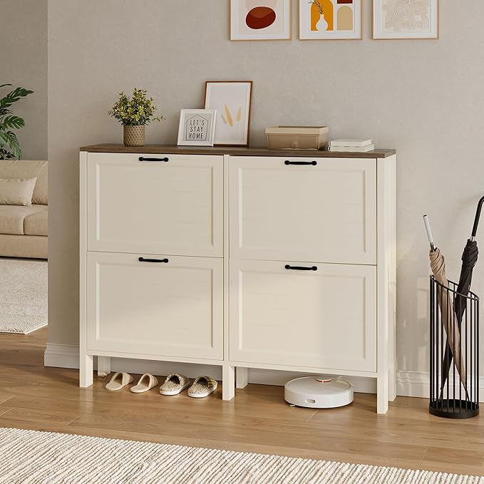 LOUVIXA Shoe Cabinet with 4 Flip Drawers, Narrow Shoe Storage Cabinet, Freestanding Shoe Cabinet Organizer, Hidden Shoe Rack Cabinet for Entryway, Hallway (4-Drawers, Off White-Brown)