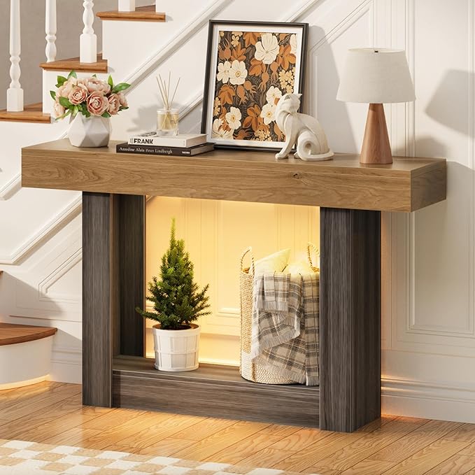 LIFECHOVY 47.2" Farmhouse Wood Entryway Table with Outlet, 2-Tier Console Table with Sensor Light Behind the Couch Sofa, Entrance Side Table for Hallway/Living Room/Foyer, Natural Oak&Grey