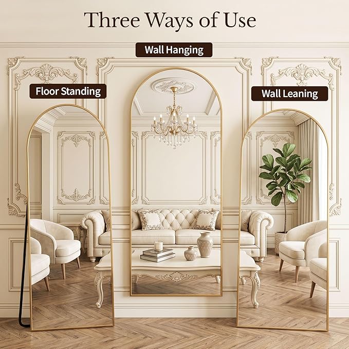 MISSDAY Large Arched Full Length Mirror, 71"x28" Oversized Full Body Mirror with Stand, Floor Mirror Long Free Standing, Leaning or Hanging, Frame Wall-Mounted Mirrors Wall Mirrors for Bedroom, Gold