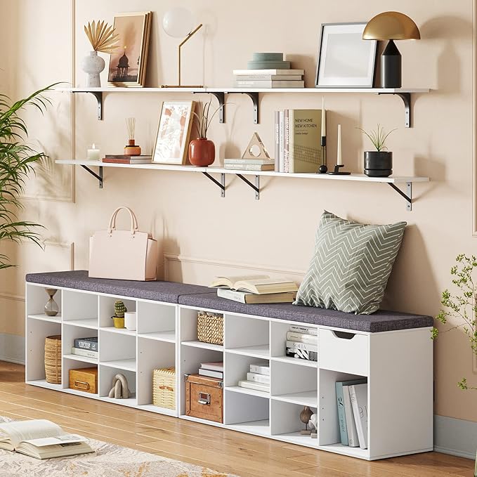DINZI LVJ Long Wall Shelves, 55.1Inch Wall Mounted Shelves Set of 2, Extra Large Floating Storage Ledges with Sturdy Metal Brackets for Living Room, Bathroom, Bedroom, Kitchen, White