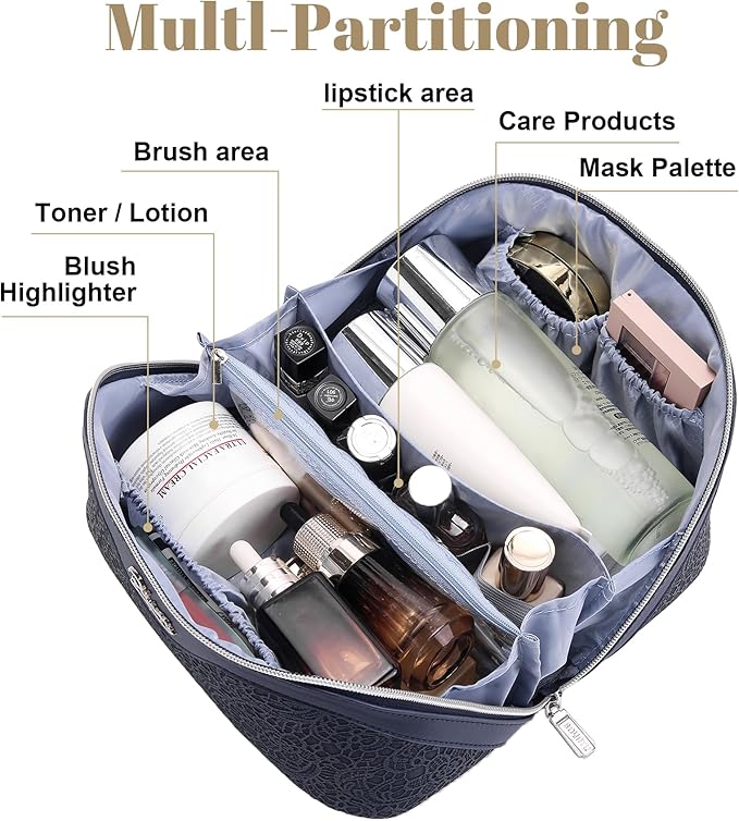 BOYATU Travel Makeup Bags Cosmetic Organizer Bag: 3 Pcs Set Large Capacity Make up Bag with Compartments - Waterproof Leather Toiletry Bags with Handle for Women (A-Dard Blue)