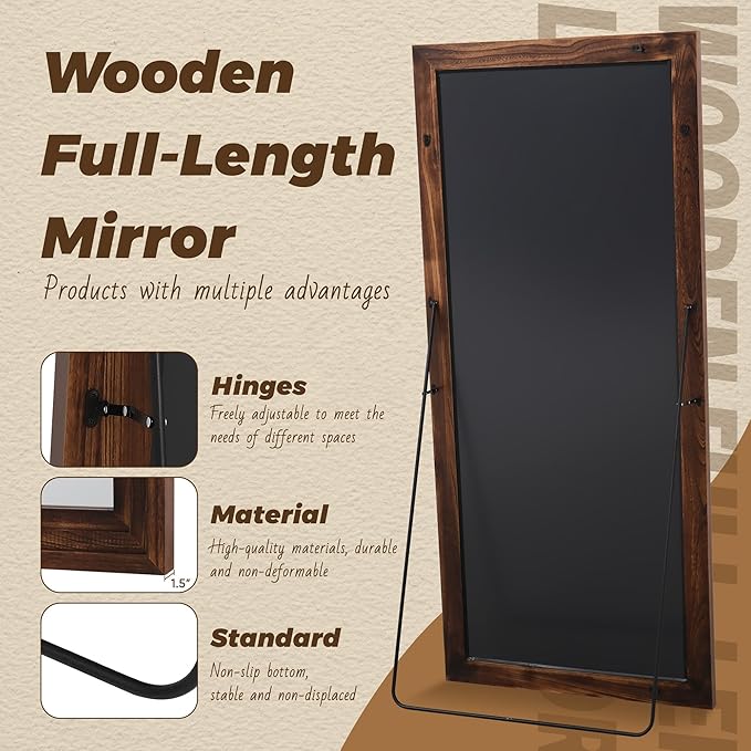 Antok Full Length Mirror with Solid Wood Frame, 71"×32" Wall Mounted Oversized Floor Mirror with Stand, Leaning Standing Hanging for Bedroom Living Room Entryway, Walnut, Rect Style