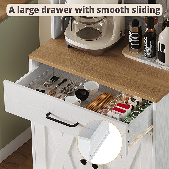 IRONCK Bakers Rack Microwave Stand with Customizable Pegboard and Storage, 71" Farmhouse Coffee Bar Cabinet with Drawer, Barn Doors, Adjustable Shelves for Kitchen, Dining Room, 23.6" White