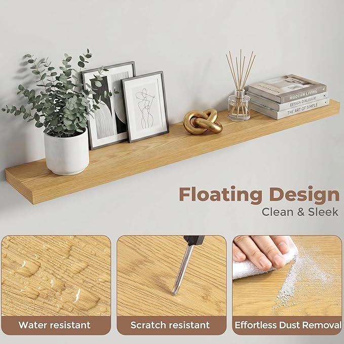 Venusmiles Floating Shelves for Wall, 48 Inch Floating Shelves Set of 1, 6.5" D Wooden Wall Mounted Display Shelves with Invisible Brackets for Living Room, Bedroom, Bathroom, Kitchen Decor, Oak