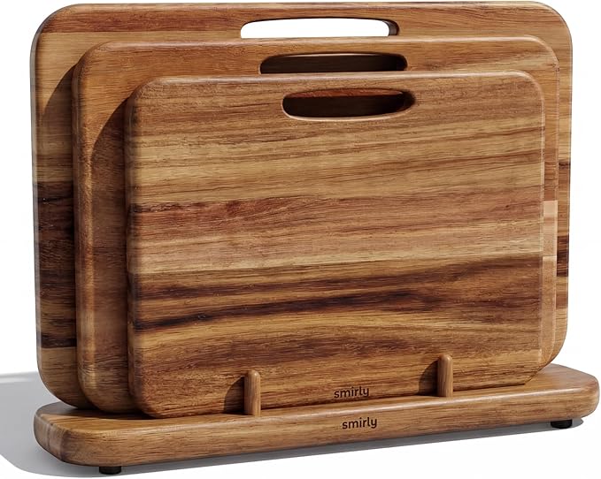 SMIRLY Wooden Cutting Boards for Kitchen, Double-Sided Cutting Board with Handle, Heavy Duty Solid Acacia Wood Cutting Board Set with Stand, 3 Pcs Cutting Boards Non Toxic for Meat Vegetable Fruit