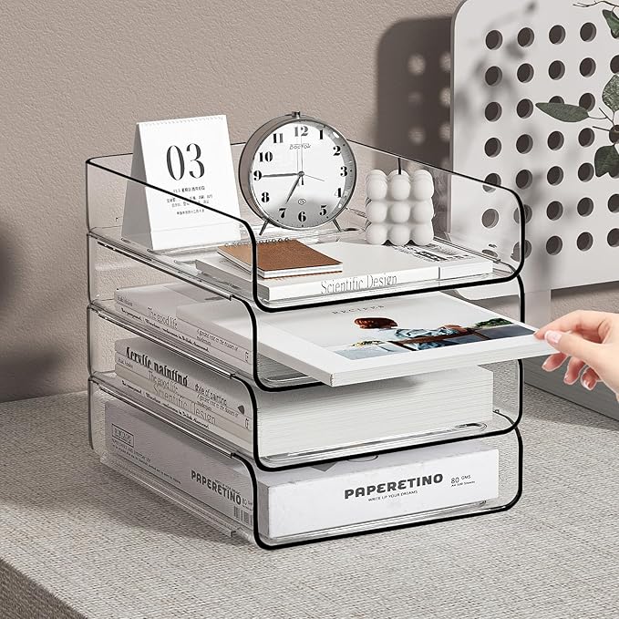 FANXIYQ 4-Tier Acrylic Paper Tray Organizer | Clear Stackable Desk Organizer for Documents, Letters, A4 Paper | Modern Office/Classroom/Home Organization