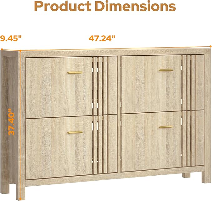 knoworld Shoe Storage Cabinet for Entryway with 4 Flip Drawers, 47.24" Narrow Fluted Shoe Organizer Cabinet, Slim Wooden Shoe Cabinet, Freestanding Hidden Shoe Cabinet for Entrance, Hallway (Natural)