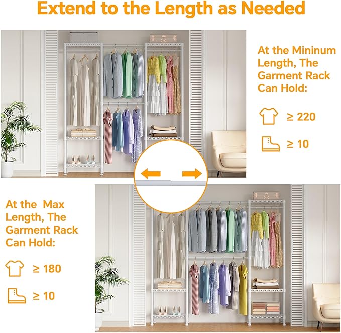 Higeego H10 Expandable Clothes Rack Clothing Rack for Hanging Clothes, Heavy Duty Garment Rack, Freestanding Wardrobe Closet Organizer with Hanger Rods, Extendable from 4.6 to 5.1 ft, White