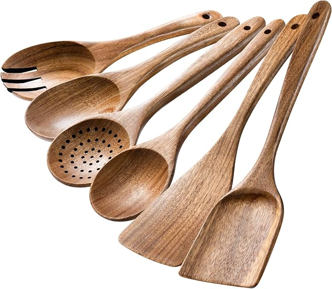 HSM Wooden Spoons for Cooking – 6-Piece Wooden Utensil Set, Non-Stick Safe, Easy-to-Clean Natural Acacia Wood Kitchen Utensils, Ideal for Cooking, Stirring, and Serving at Home