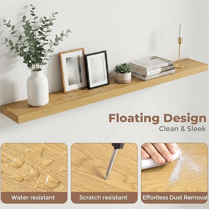Venusmiles Floating Shelves for Wall, 55 Inch Floating Shelves Set of 1, 6.5" D Wooden Wall Mounted Display Shelves with Invisible Brackets for Living Room, Bedroom, Bathroom, Kitchen Decor, Oak