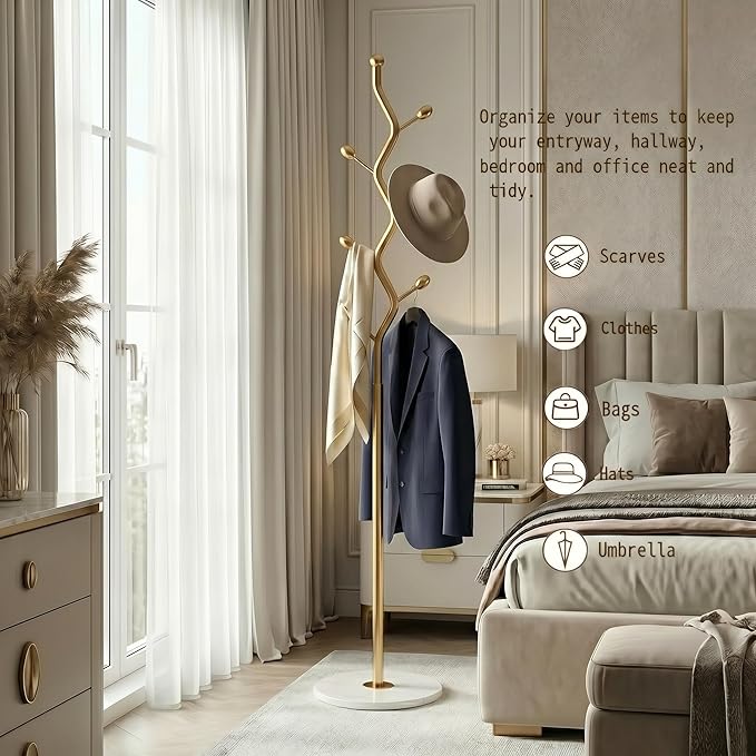 Tree Branch Gold Powder Coated Freestanding Coat Rack with 13.8in Marble Base, 8-Hook Heavy Duty for Entryway