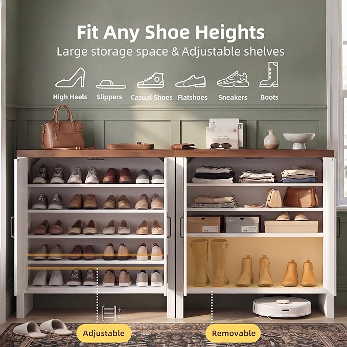 Shoe Cabinet, 5-Tier Shoe Storage Cabinets with Doors and Adjustable Shelves, Thickened Wood Freestanding for Entryway, Hallway, Closet, Organizer Rack, Walnut and White JSC005WWB