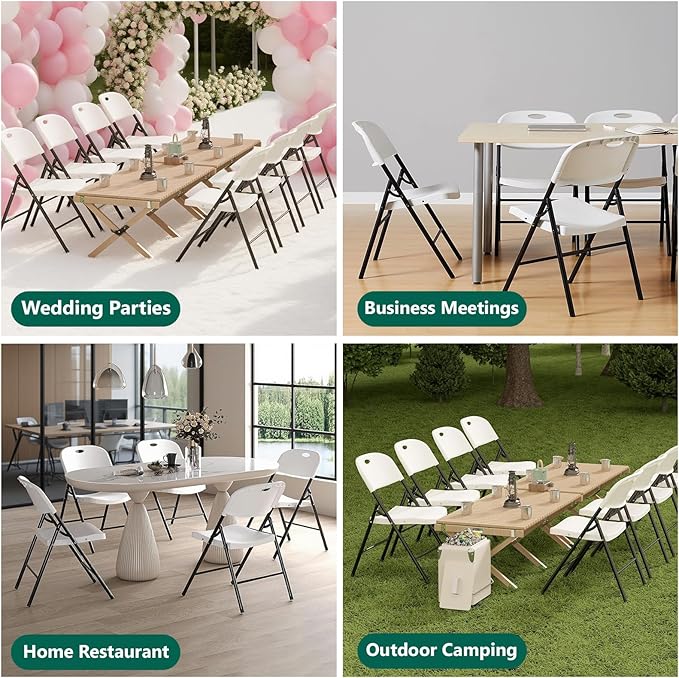 8 Pack White Folding Chair, Plastic Portable Stackable Commercial Seats with Steel Frame 350lb, Heavy Duty Foldable Chair for Indoor and Outdoor, Patio, Office, Picnic, Kitchen, Events
