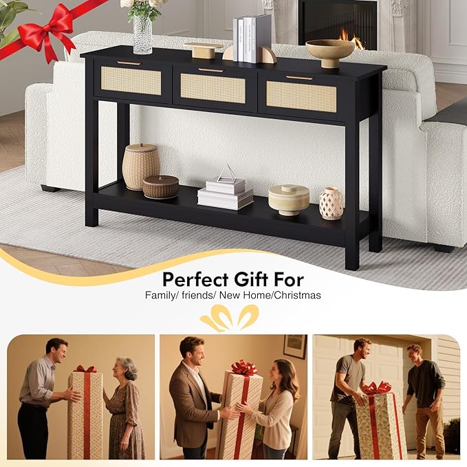 Luoxiao Entryway Table, 47" Rattan Console Tables with 3 Drawers, Narrow Hallway Table for Entryway with Storage Shelf, Slim Sofa Table Behind Couch, Modern Black Foyer Entry Way Table, Easy Assembly