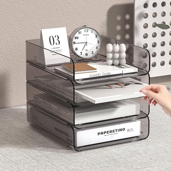 FANXIYQ 4-Tier Acrylic Paper Tray Organizer | Clear Stackable Desk Organizer for Documents, Letters, A4 Paper | Modern Office/Classroom/Home Organization,Brown