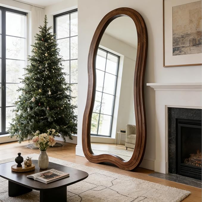 Large Irregular Floor Mirror, 67"x31.5" Asymmetrical Full Length Mirror with Triple Layer Solid Wood Frame, Organic Shaped Mirrors for Living Room Entryway Hallway Bedroom, Leaning/Hanging