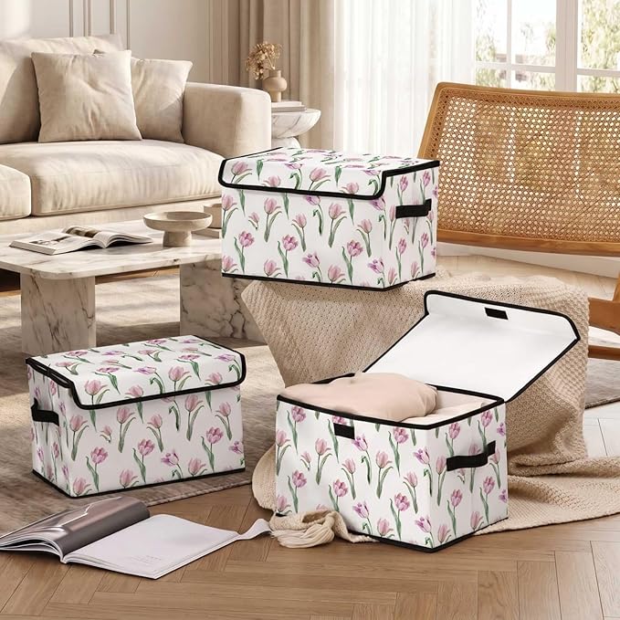 Stackable Storage Bins with Lids,Closet Organizers Fabric Box for Home and Office,Blanket Clothes Organizers,Under Bed Storage Containers 3 Pack