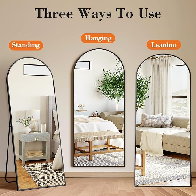 NEWBULIG 63.8"x20.8" Arched Full Length Mirror, Full Body Floor Mirror with Aluminum Alloy Thin Frame, Wall or Standing Mirror for Bedroom, Living Room, Dressing Room, Black