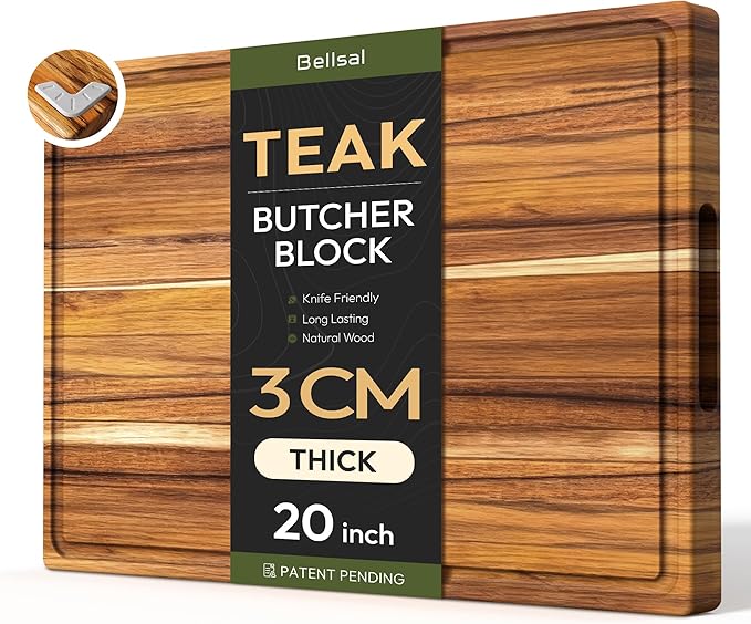 Bellsal Extra Large Teak Wood Cutting Board 20inch for Kitchen Charcuterie Board Heavy Duty Non Slip Feet Over Sink Butcher Block Chopping Board Nice Solid Thick Wooden Juice Groove XXl large Hardwood