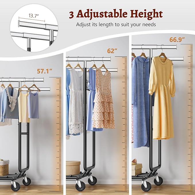 FAVOOSTY Heavy Duty Clothes Rack for Hanging Clothes Double Rods, Rolling & Extending Clothing Rack with Wheels, Garment Coat Rack Freestanding, Portable Clothes Rack, Black