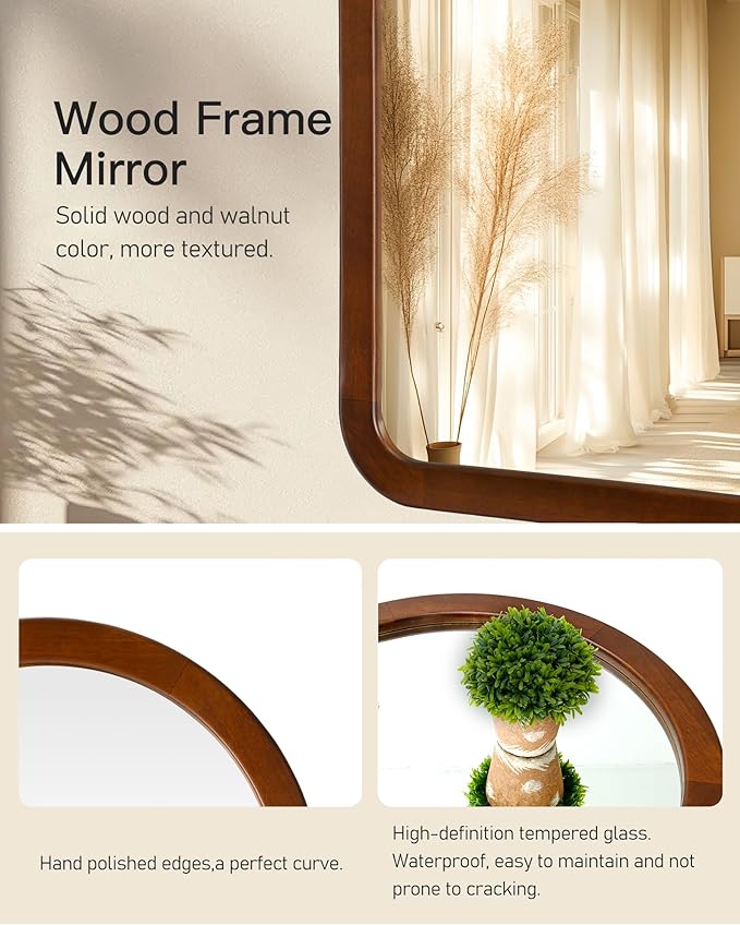 Arched Mirror 30 x 48 Inch,Walnut Brown Wood Rustic Bathroom Tempered Wall Mirror with Wood Frame,Round Corner Arch Farmhouse Wooden Vanity Mirror for Living Room,Entryway or Bedroom