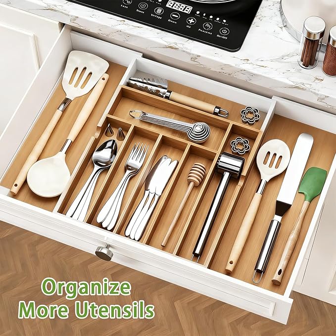 Bamboo Expandable Silverware Drawer Organizer, Adjustable Utensil Tray Cutlery Holder for Kitchen Drawer, Flatware Storage Organizer for Spoons, Forks and Knives, Natural 7 Slot