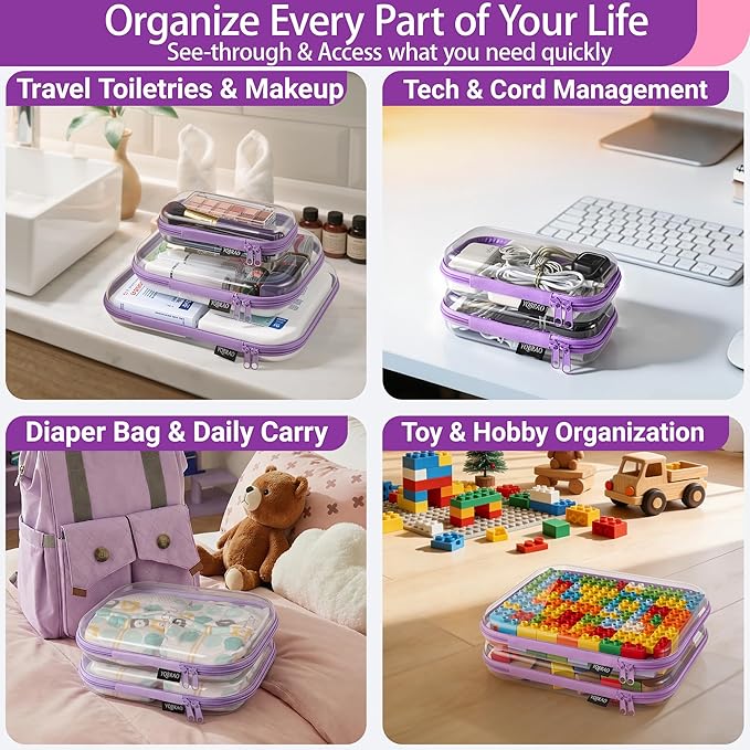 YQBRAO 6 Pack Royal Purple Clear Hard Shell Zipper Case, 1.2mm Heavy Duty Art Supply & Cosmetic Bags, Crush-Proof Storage Pouches for Hobbies, Tech & Makeup (2L, 2M, 2S)