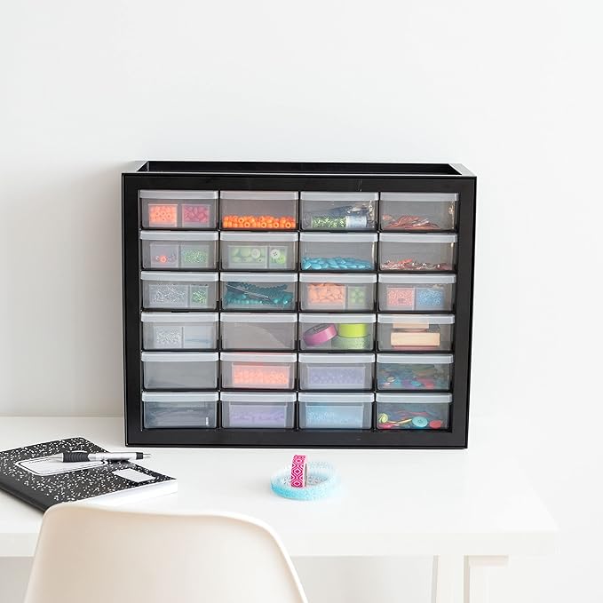 IRIS USA 24-Drawer Plastic Storage Organizer, Made in USA, Teacher Toolbox, Multi Drawer Cabinet For Garage Tools Beads Balloons Building Bricks Crafts Stickers Small Business Scrapbook Art, Black
