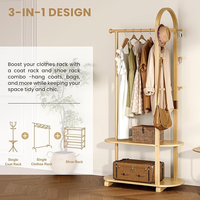 31.5" Wide 3-in-1 Freestanding Clothing Rack.Wooden Coat Rack with 2 Shelves and 6 Hooks,Solid Rubber Wood Coat Rack with Shelves for Entryway, Bedroom, Living Room, Natural