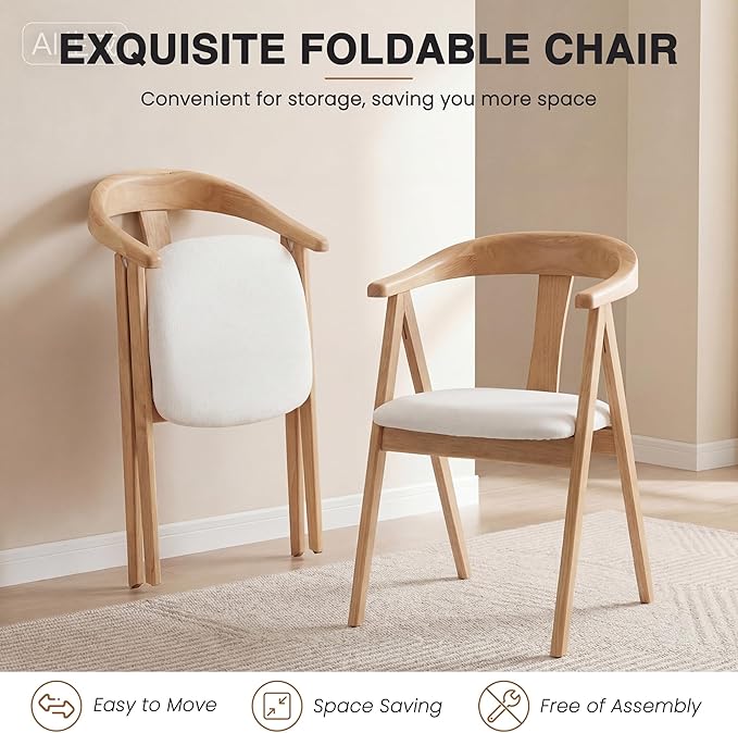 HNY Wooden Folding Chair with Cushion Set of 4, Linen Foldable Dining Chairs Folding Event Chair, Portable Space-Saving Accent Chair with Armrests for Kitchen Dining Living Room Small Spaces, Beige