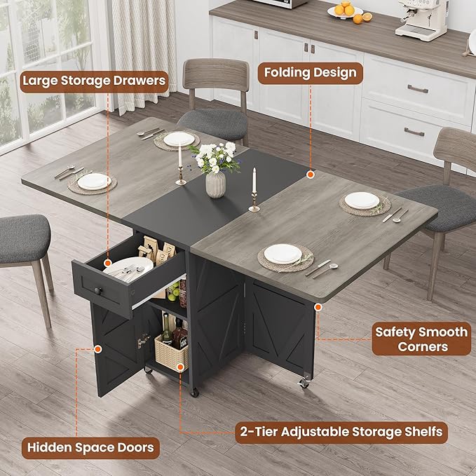 Jocoevol Space Saving Folding Dining Table for 4, Farmhouse Foldable Dining Table with Drawer and 2-Layer Storage Shelf, 6 Wheels Multipose Folding Kitchen Table for Small Space (Carlo Grey)