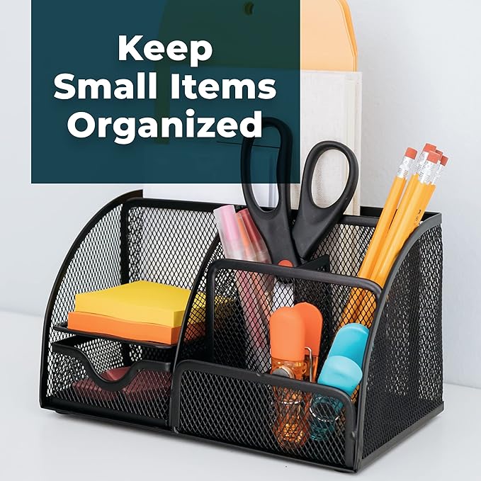 Greenco Mesh Desk Organizer Office & Dorm Room Supplies Caddy, 6 Compartments, Small Black Desk Organizer for Pen, Pencil, Small Office Supplies and Stationary Accessories Storage Organization