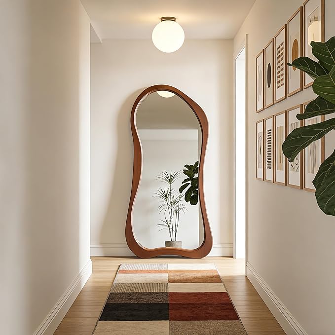 Large Irregular Mirror, 67"x31.5" Organic Floor Mirrors with Solid Wood Frame, Asymmetrical Full Length Mirror for Living Room Entryway Hallway Bedroom Cloakroom, Leaning/Wall-Mounted