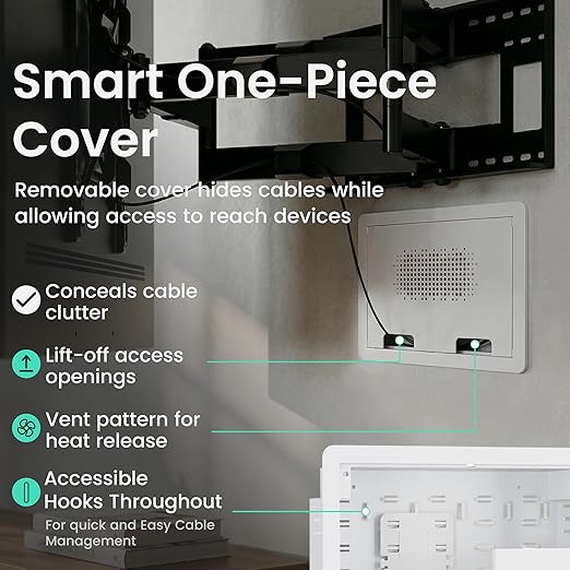 ynVISION.DESIGN 9" Recessed in-Wall Media Box - Flush Mount AV Cable Management Box & Cord Hider with Adjustable Shelf, Cable Straps & Vented Cover - Compatible with Apple, Roku TV, Fire TV & More