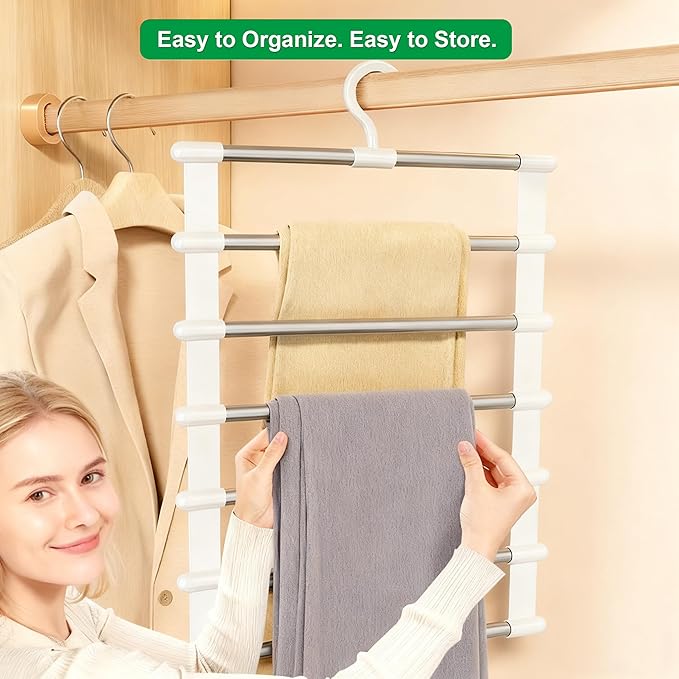 Pants Hangers 4 Pack (Holds 24 Pairs) Space Saving Pant Hanger 360° Swivel Hook Stainless Steel Bars Closet Organizer for Dress Pants Jeans Leggings Ties Towels (White)