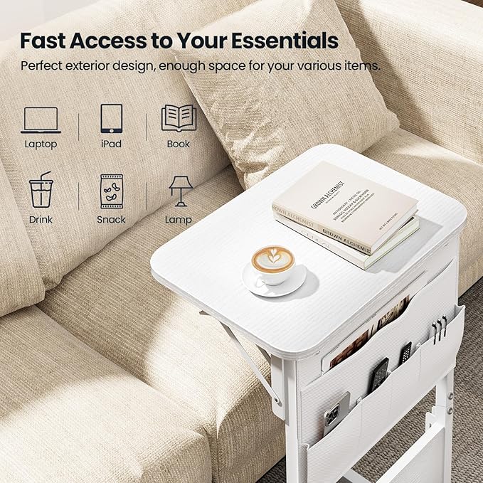 HLDIRECT C Shaped End Table with Charging Station, Couch Side Table with Storage Bag, Foldable TV Tray with 2 USB Ports and Outlets for Living Room, Bedroom, White