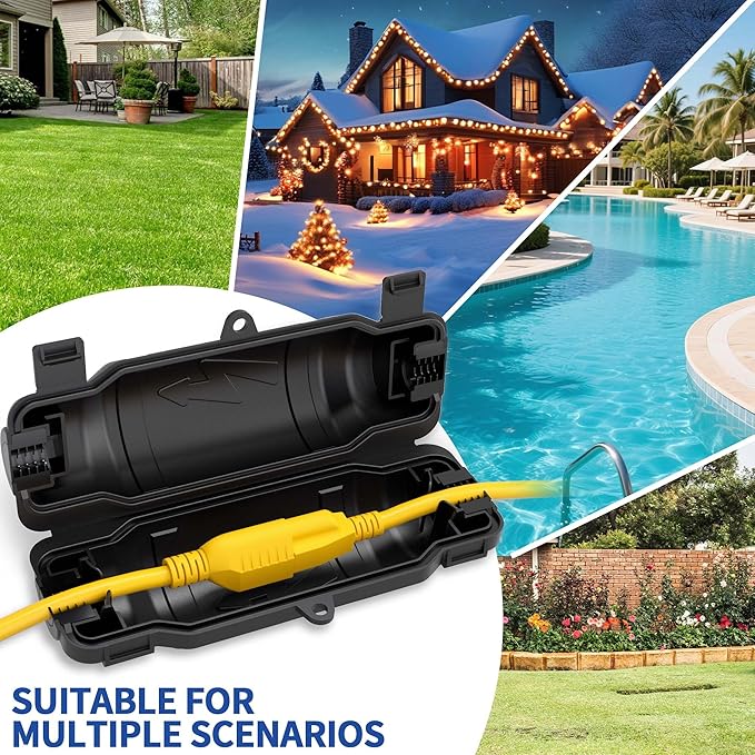 3 Pack Outdoor Extension Cord Safety Cover with Waterproof Seal IP54 Water-Resistant, Weatherproof Electrical Connection Box with 2 Latches, Plug, Socket, Holiday Decoration Light, Black
