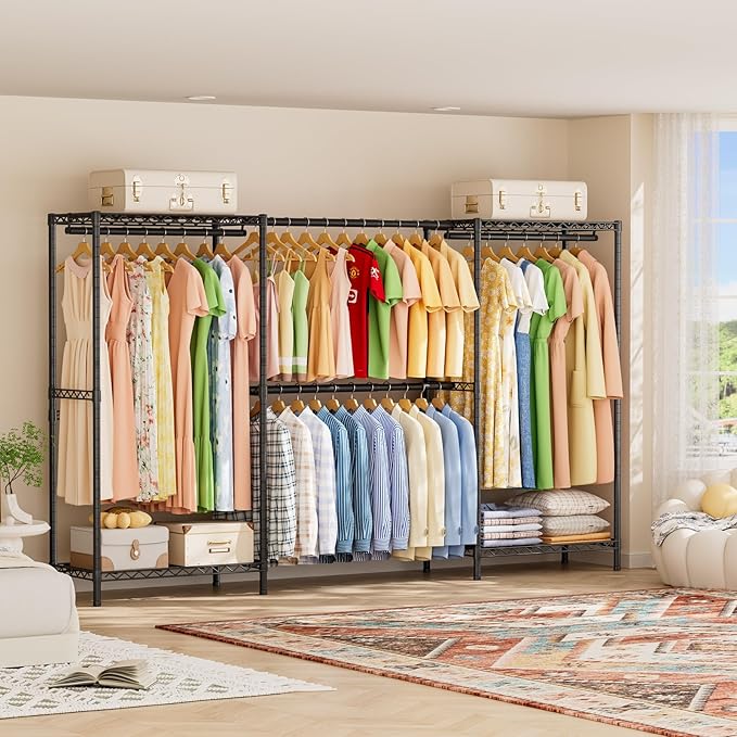 SINGAYE Clothes Rack Portable Closet Coat Wardrobe Heavy Duty Clothing Racks System Organizers and Storage for Hanging Clothes Garment Rack Adjustable with Shelves Black