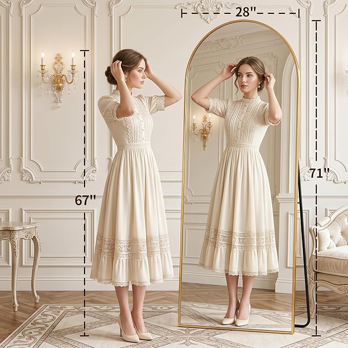 MISSDAY Large Arched Full Length Mirror, 71"x28" Oversized Full Body Mirror with Stand, Floor Mirror Long Free Standing, Leaning or Hanging, Frame Wall-Mounted Mirrors Wall Mirrors for Bedroom, Gold