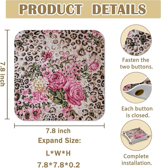 Leopard Print Gifts for Women Vintage Leopard Floral Jewelry Valet Tray, Cheetah Print Gifts PU Leather Catchall Beside Caddy Nightstand Organizer Tray for Rings Watches Keys, 7.87x7.87in